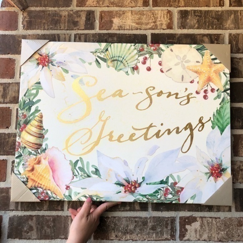 Seasons Greetings Canvas Wall Art Sea-sons Beach Theme Shells Christmas Holiday